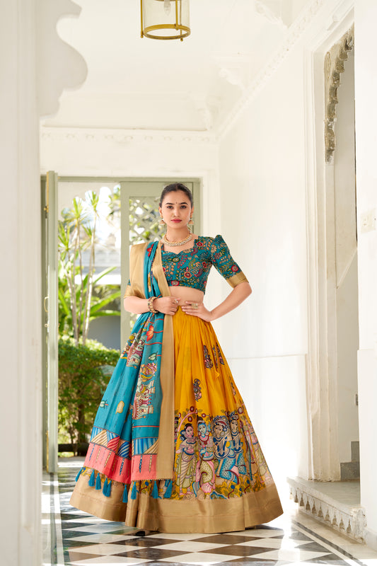 Yellow Color Dola Silk Kalamkari Lehenga Set with Dupatta & Blouse