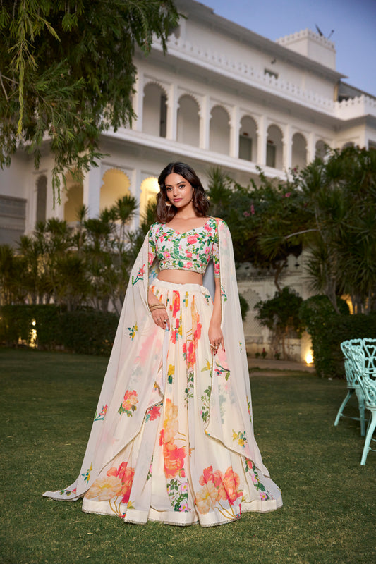Amazing Cream Color Georgette Floral Print Party Wear Lehenga Choli