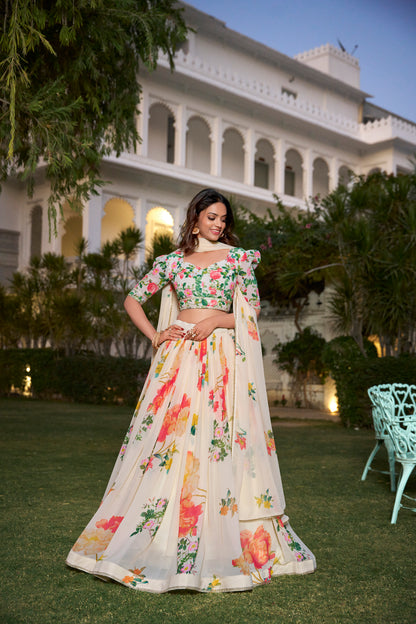 Amazing Cream Color Georgette Floral Print Party Wear Lehenga Choli