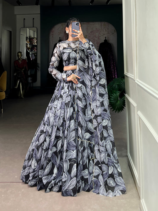 Beautiful Black Color Tabby Silk Printed Party Wear Lehenga Choli
