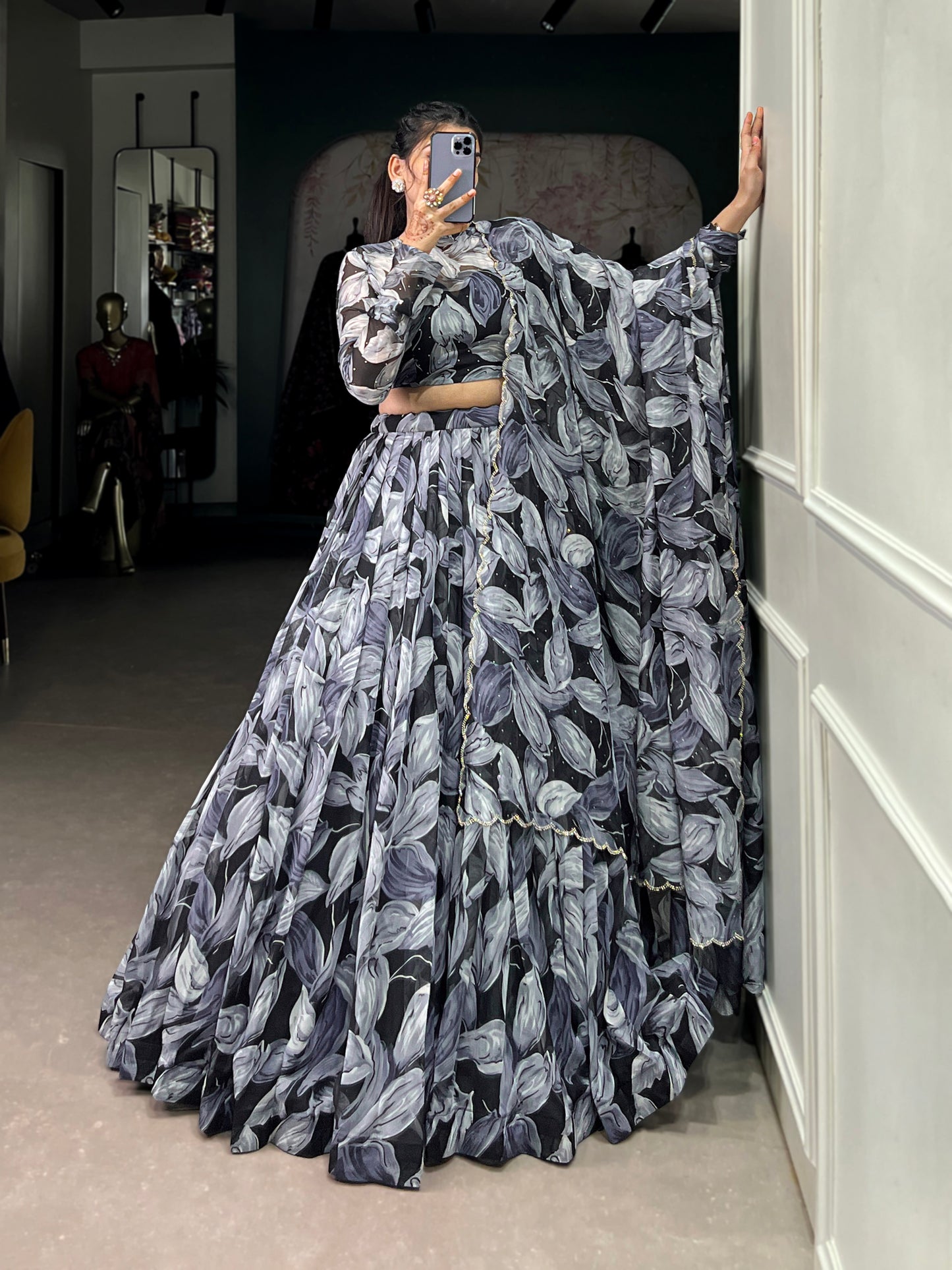 Beautiful Black Color Tabby Silk Printed Party Wear Lehenga Choli