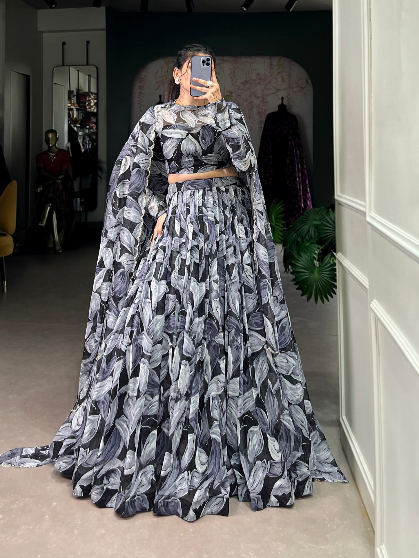 Beautiful Black Color Tabby Silk Printed Party Wear Lehenga Choli