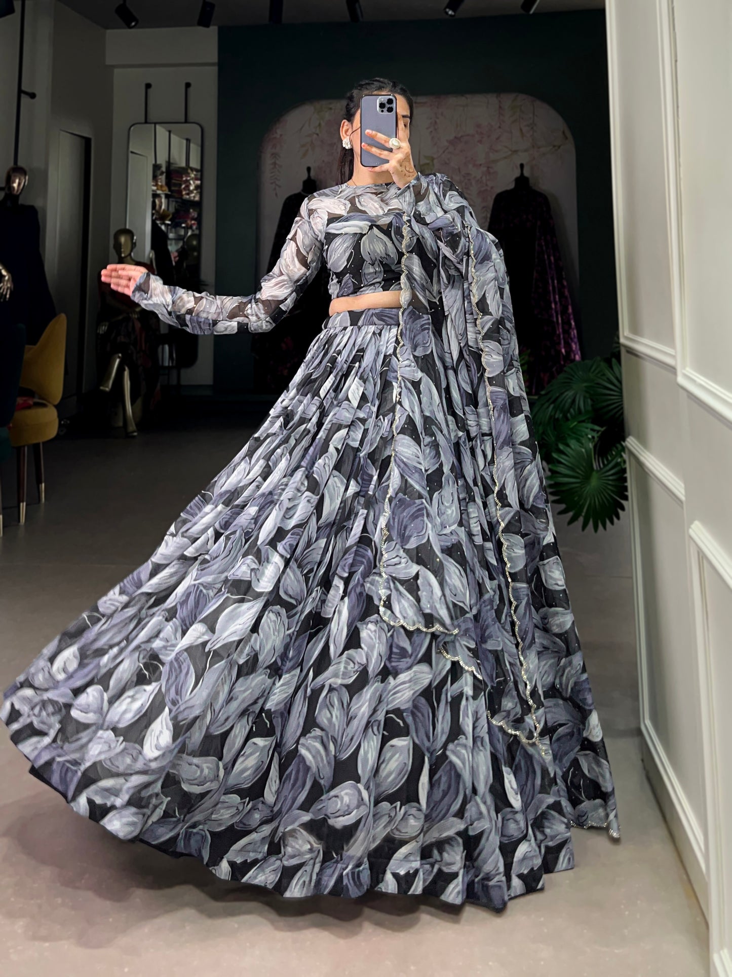 Beautiful Black Color Tabby Silk Printed Party Wear Lehenga Choli