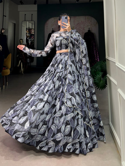 Beautiful Black Color Tabby Silk Printed Party Wear Lehenga Choli