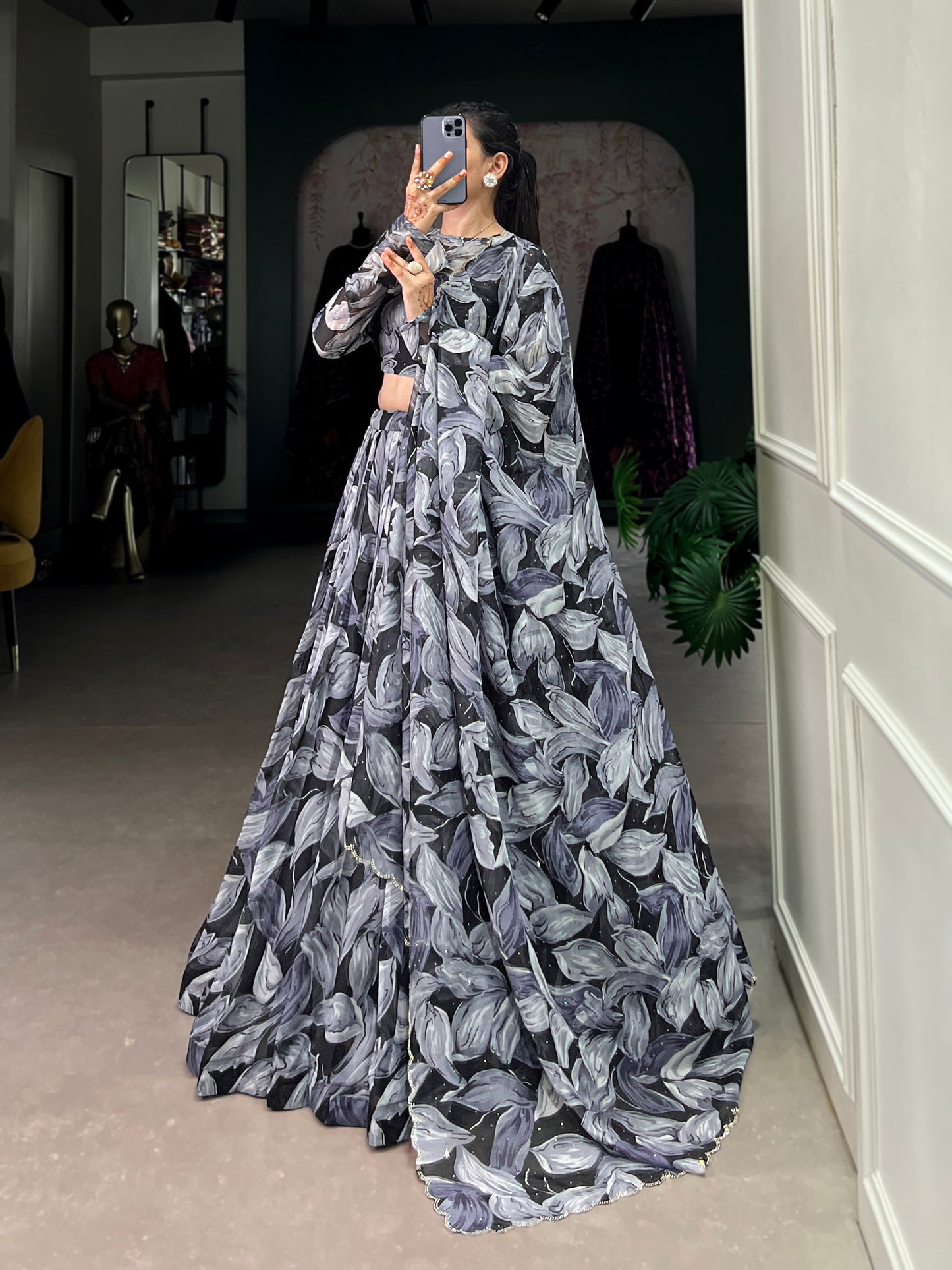 Beautiful Black Color Tabby Silk Printed Party Wear Lehenga Choli