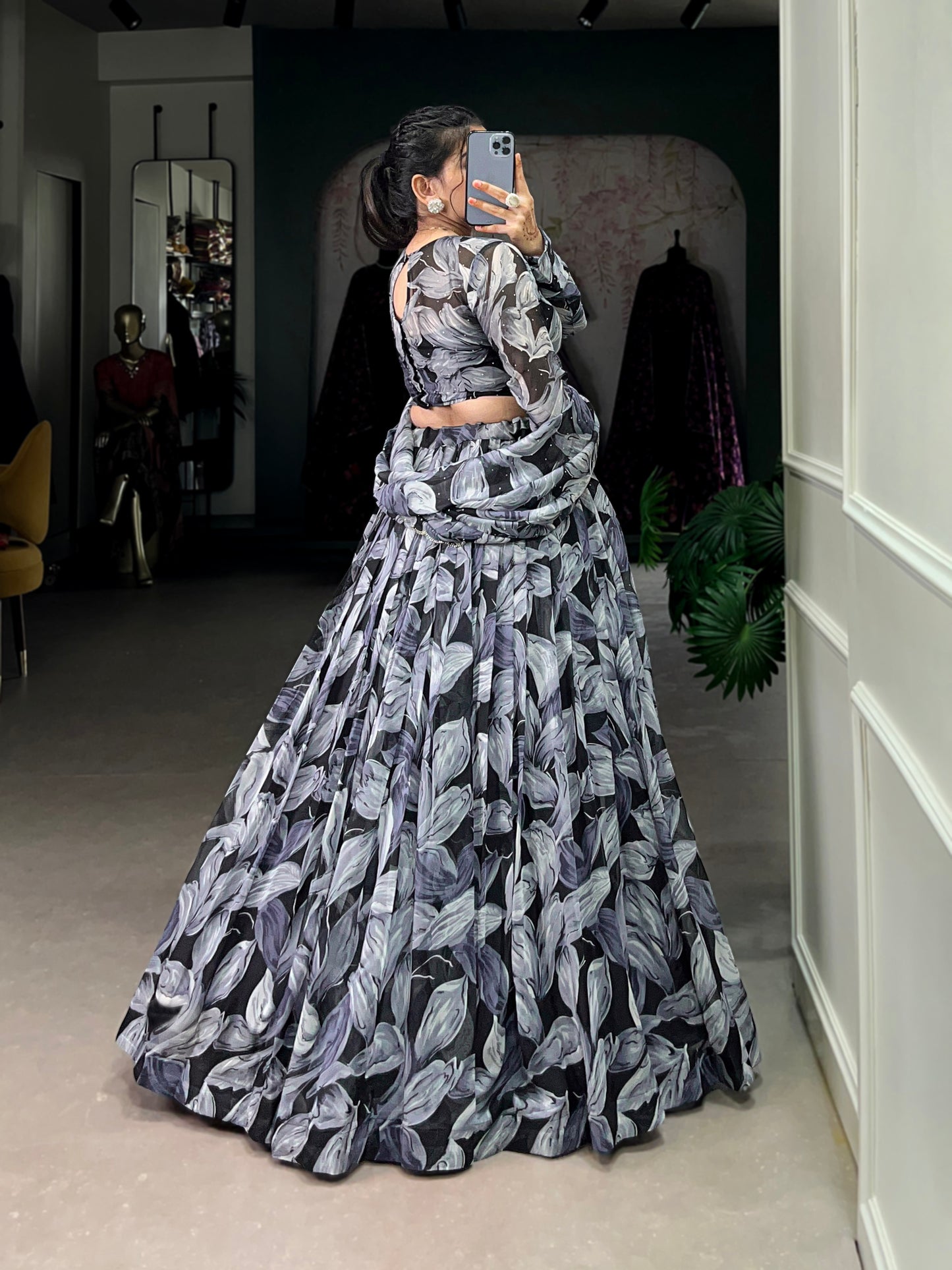 Beautiful Black Color Tabby Silk Printed Party Wear Lehenga Choli