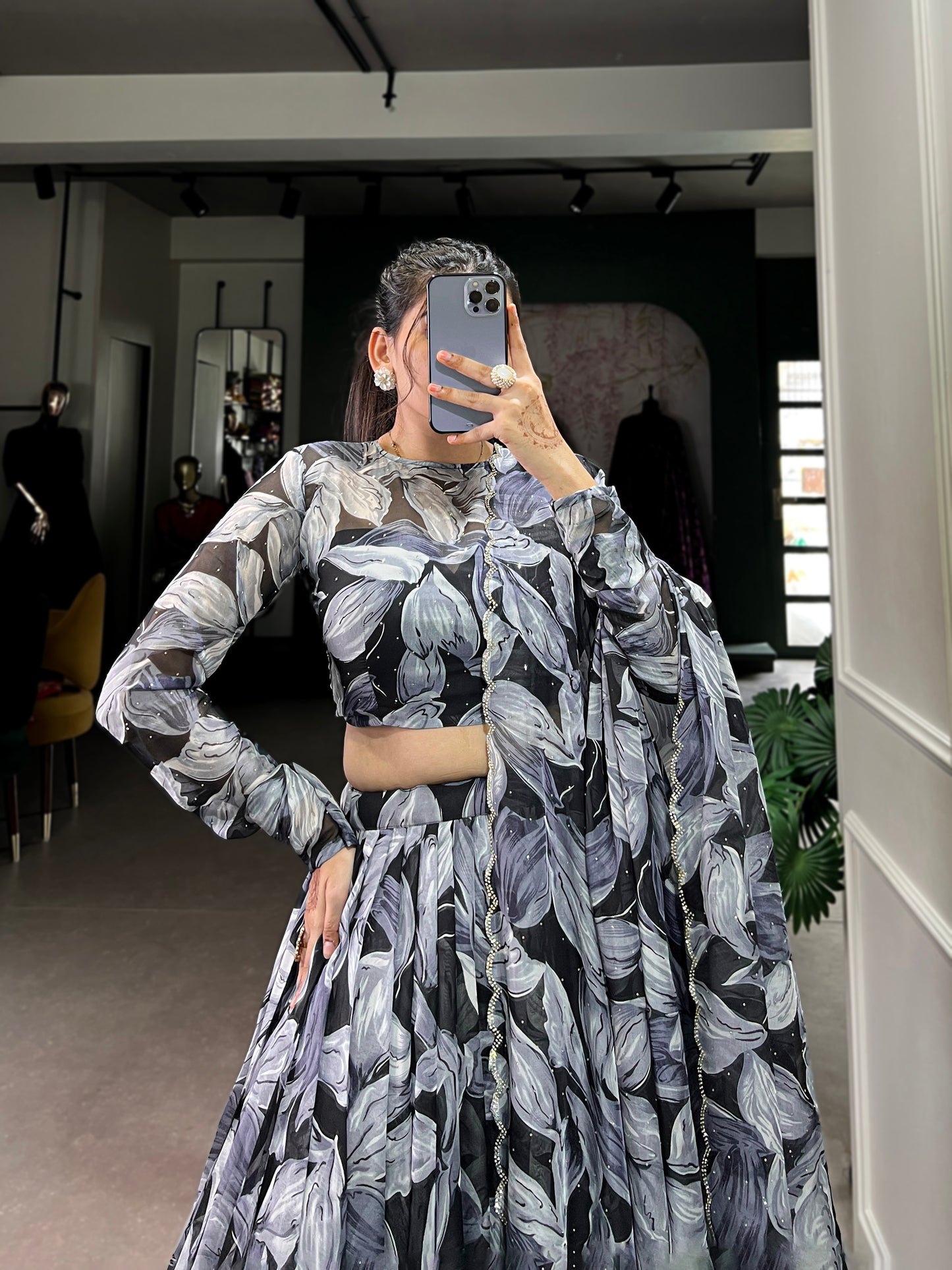 Beautiful Black Color Tabby Silk Printed Party Wear Lehenga Choli