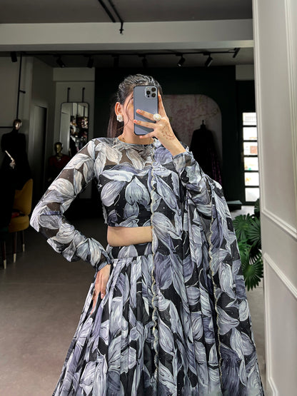 Beautiful Black Color Tabby Silk Printed Party Wear Lehenga Choli