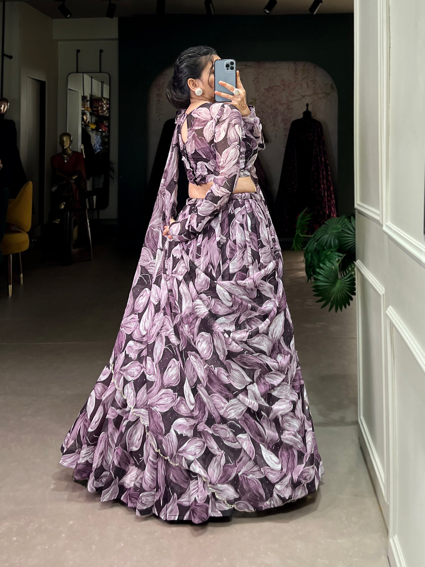 Beautiful Coffe Color Tabby Silk Printed Party Wear Lehenga Choli