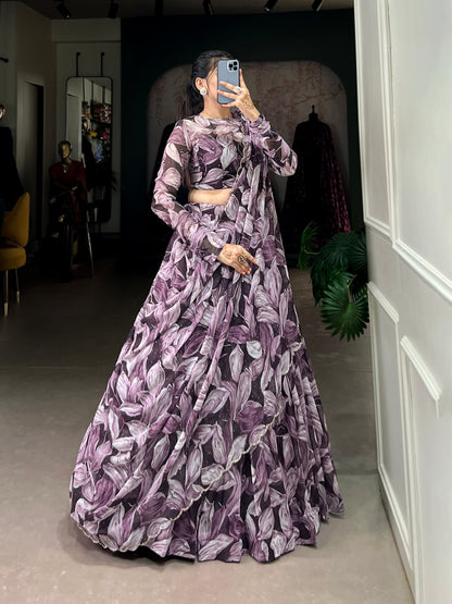 Beautiful Coffe Color Tabby Silk Printed Party Wear Lehenga Choli