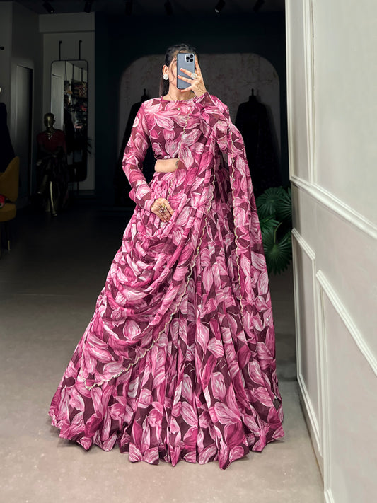Beautiful Maroon Color Tabby Silk Printed Party Wear Lehenga Choli