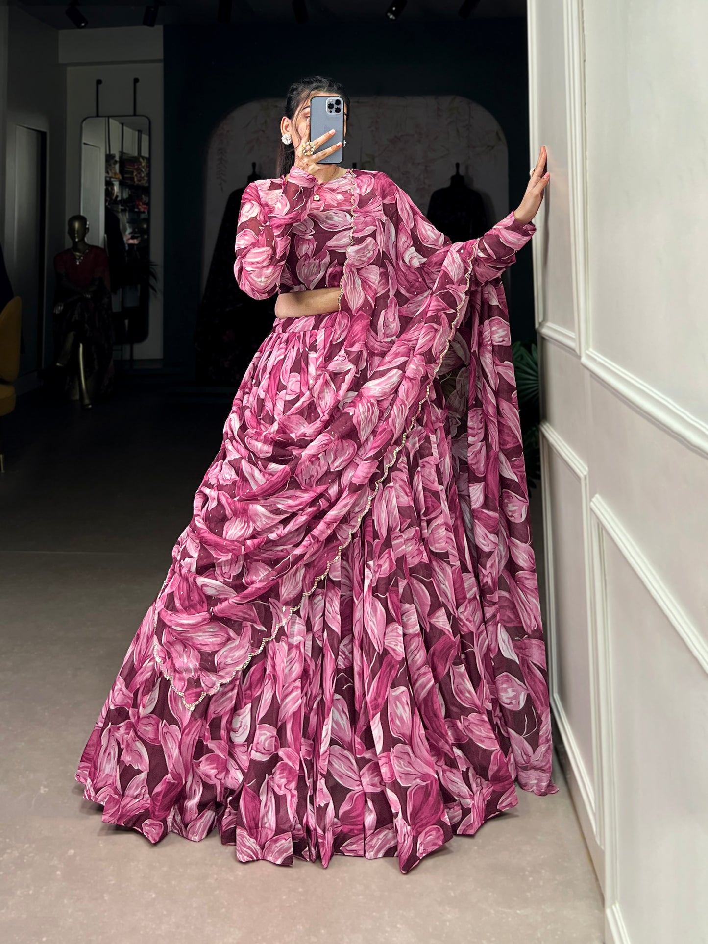 Beautiful Maroon Color Tabby Silk Printed Party Wear Lehenga Choli