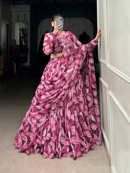 Beautiful Maroon Color Tabby Silk Printed Party Wear Lehenga Choli