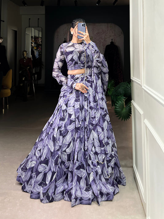 Beautiful Navy Blue Color Tabby Silk Printed Party Wear Lehenga Choli