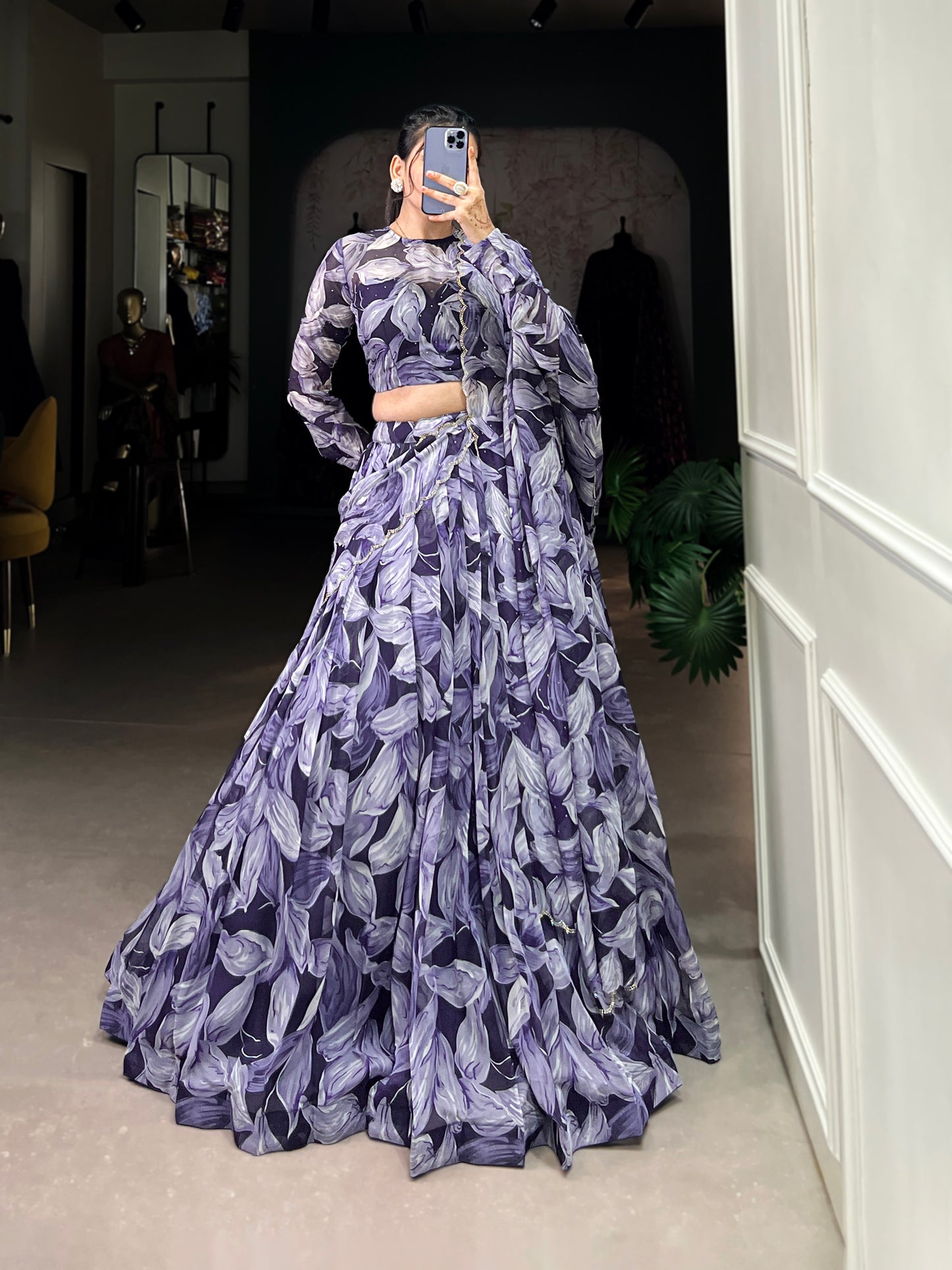 Beautiful Navy Blue Color Tabby Silk Printed Party Wear Lehenga Choli
