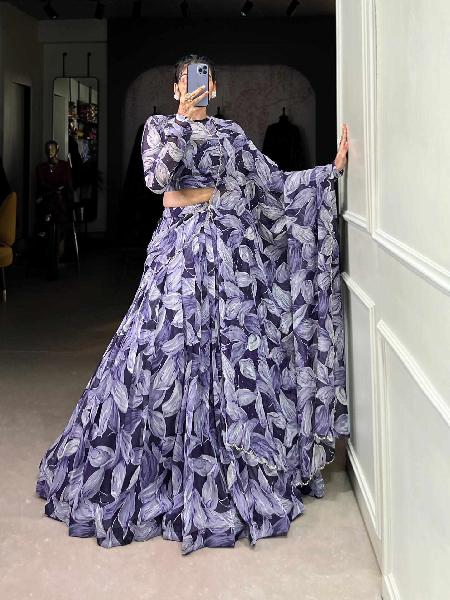 Beautiful Navy Blue Color Tabby Silk Printed Party Wear Lehenga Choli