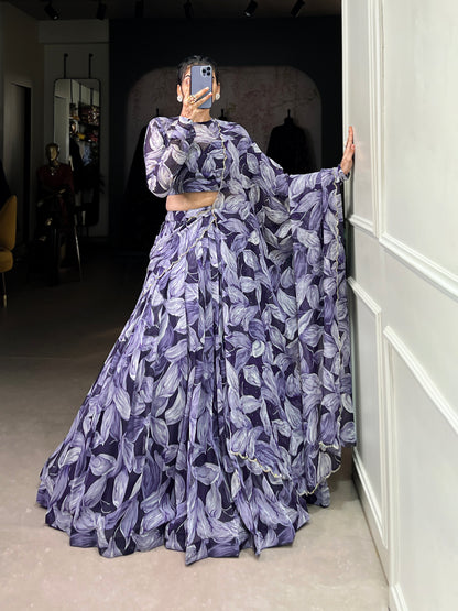 Beautiful Navy Blue Color Tabby Silk Printed Party Wear Lehenga Choli