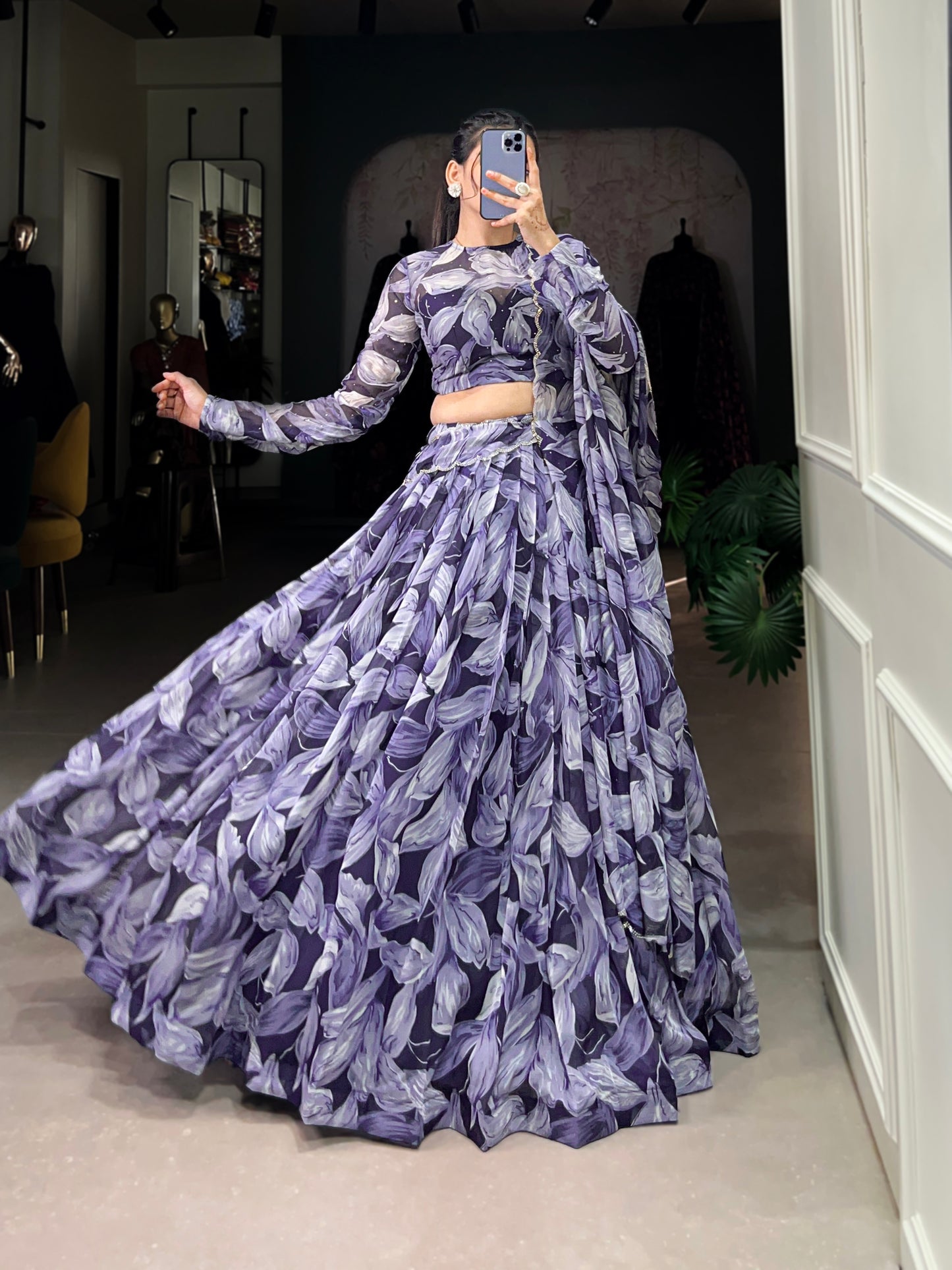 Beautiful Navy Blue Color Tabby Silk Printed Party Wear Lehenga Choli