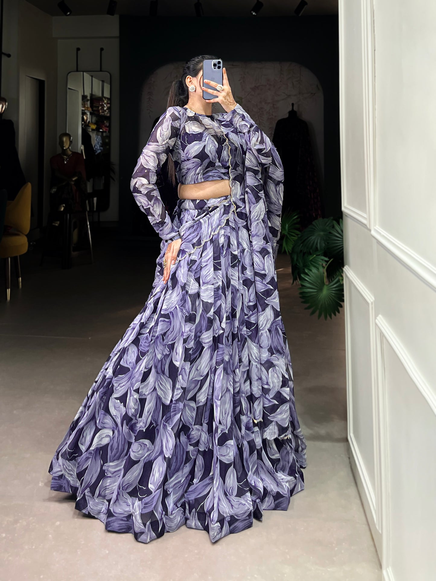 Beautiful Navy Blue Color Tabby Silk Printed Party Wear Lehenga Choli