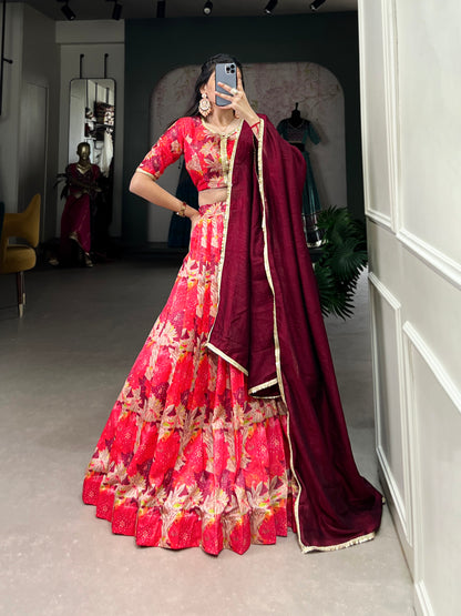 Amazing Red Color Silk Printed Designer Lehenga Choli