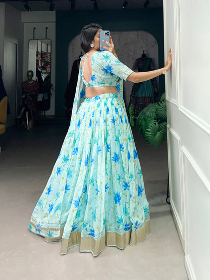 New Tabby Silk Floral Print Lehenga Choli (Skyblue)