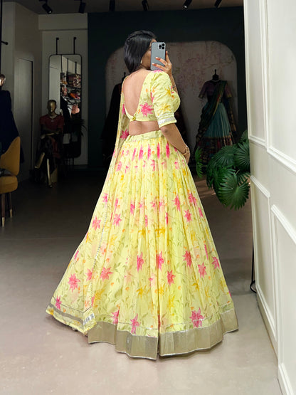 New Tabby Silk Floral Print Lehenga Choli (Yellow)