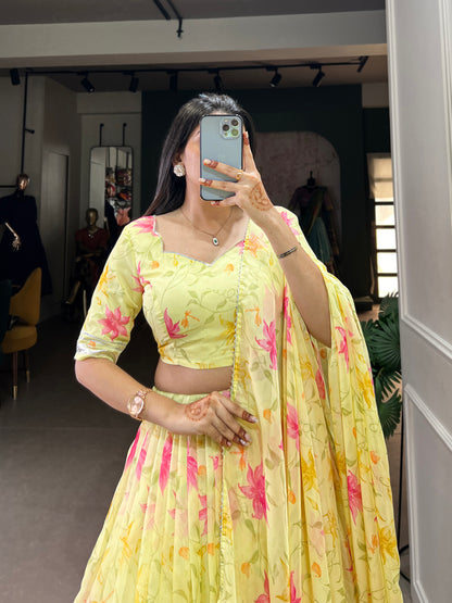 New Tabby Silk Floral Print Lehenga Choli (Yellow)