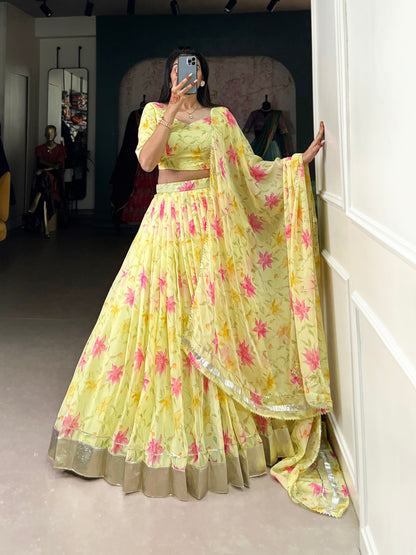 New Tabby Silk Floral Print Lehenga Choli (Yellow)