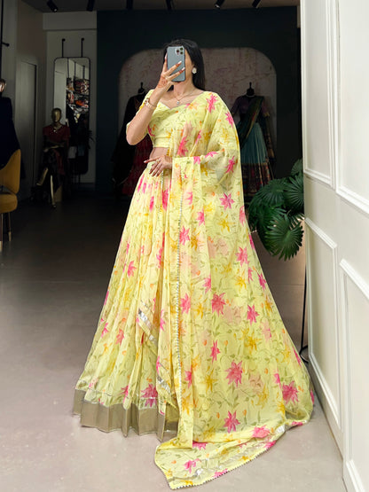 New Tabby Silk Floral Print Lehenga Choli (Yellow)