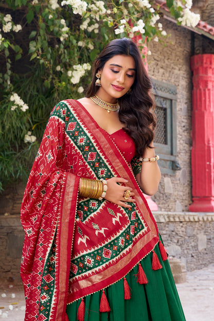 New Green Color Tussar Silk Patola Printed Lehenga Choli