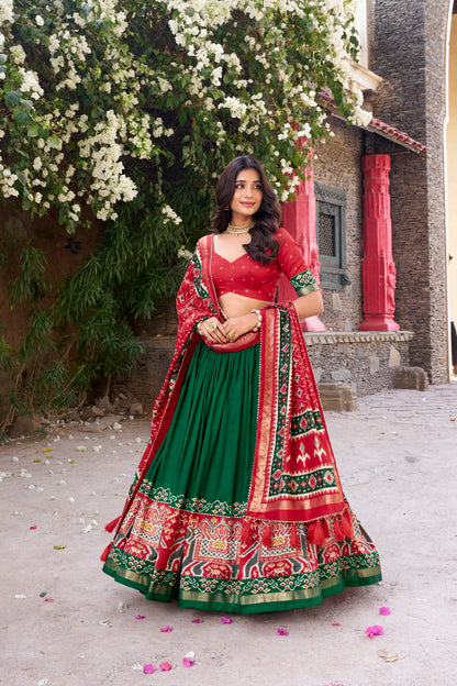 New Green Color Tussar Silk Patola Printed Lehenga Choli