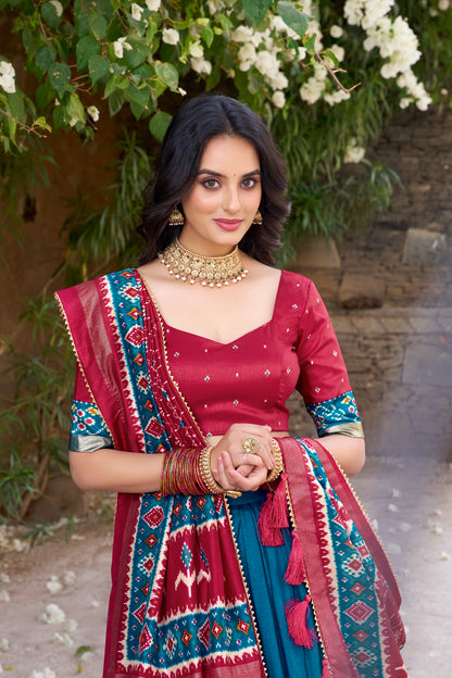 New Teal Color Tussar Silk Patola Printed Lehenga Choli