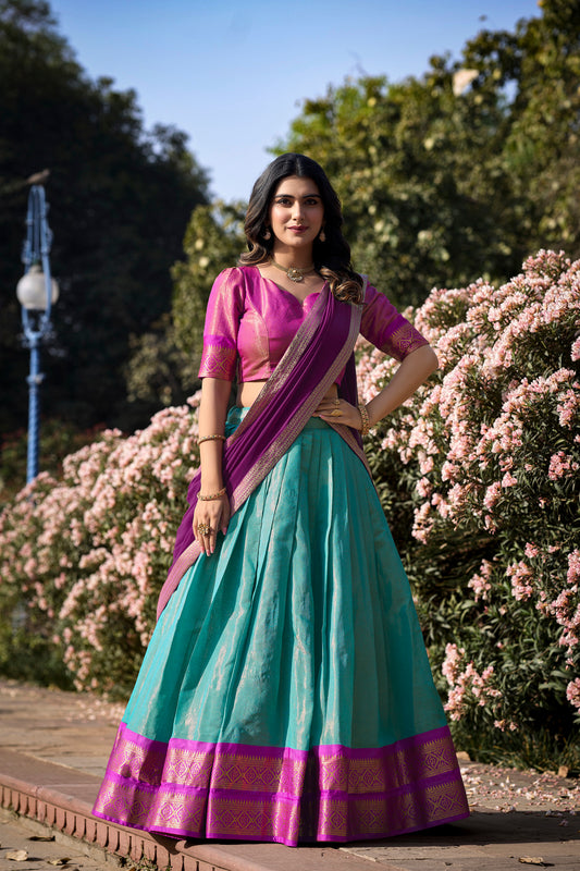 New Aqua Color Kanchipuram Silk Traditional Lehenga Choli