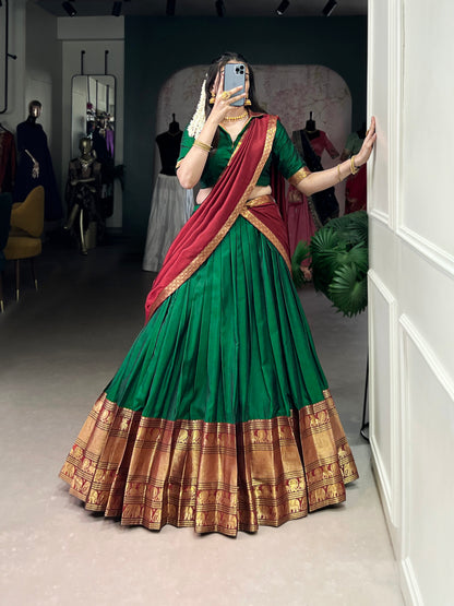 Green Color Zari Weaving Work Traditional Lehenga Choli