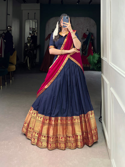 Navy Blue Color Zari Weaving Work Traditional Lehenga Choli