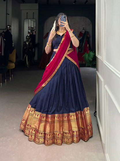 Navy Blue Color Zari Weaving Work Traditional Lehenga Choli