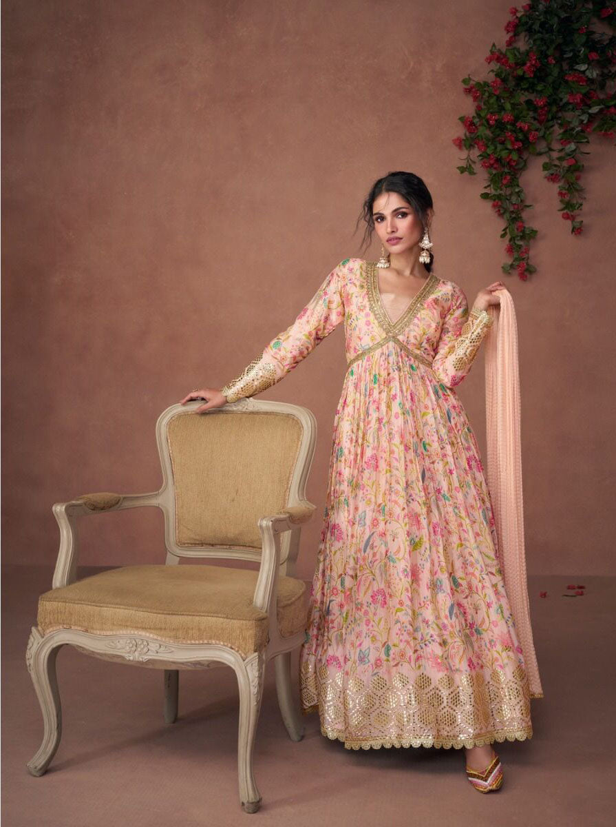 Light Pink Color Premium Organza Print Silk Embroidery Work Gown