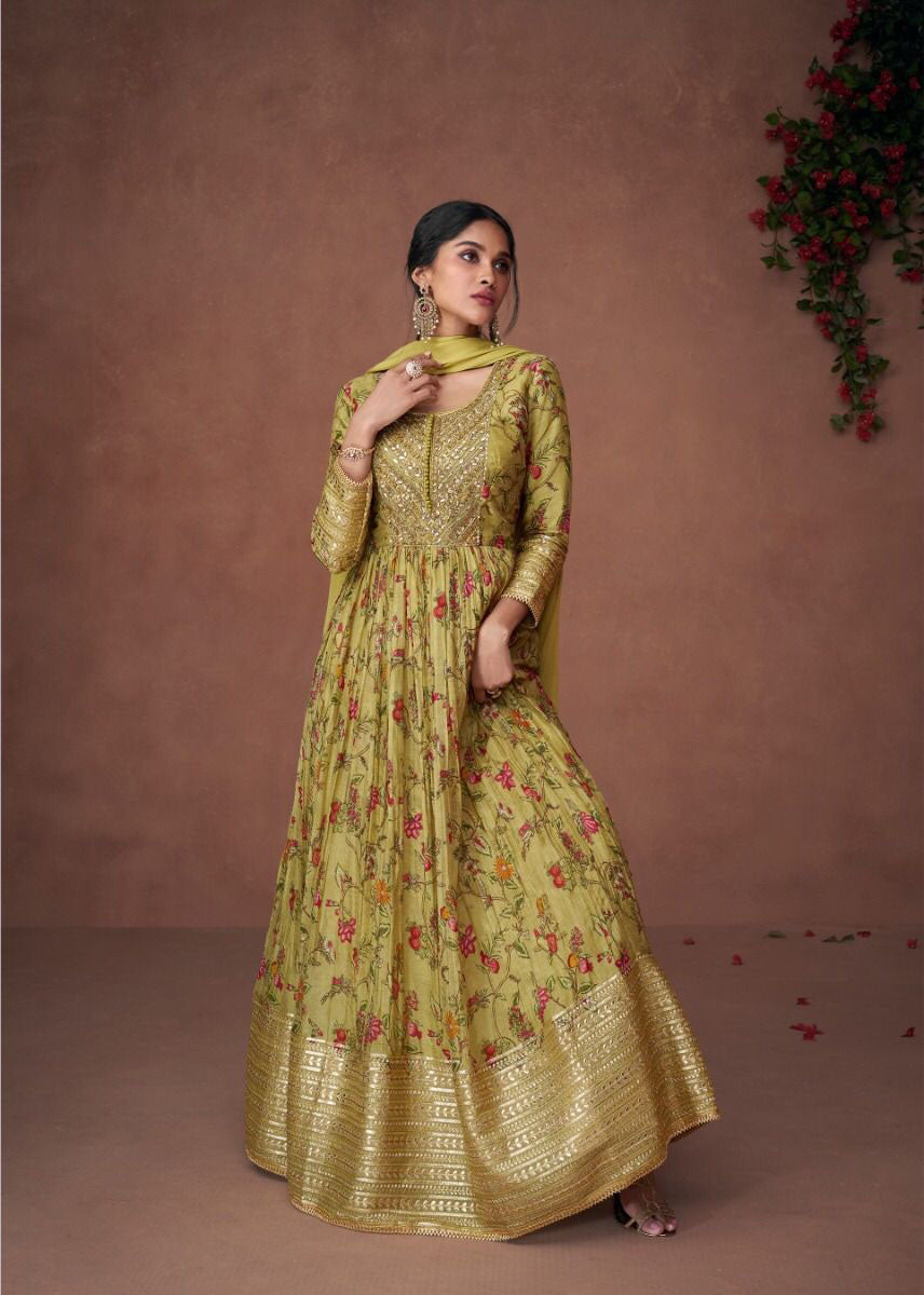 Yellow Color Premium Organza Print Silk Embroidery Work Gown