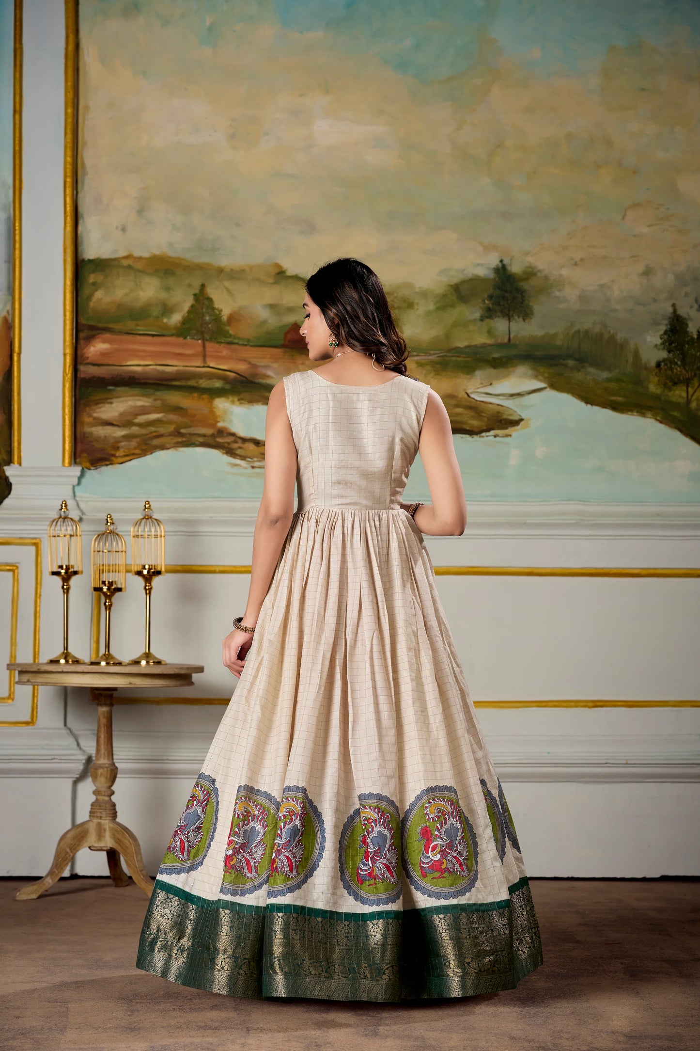 Cream Kalamkari Dola Silk Gown with Zari Koti - Vastraan