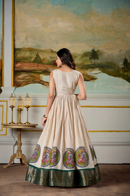 Cream Kalamkari Dola Silk Gown with Zari Koti - Vastraan