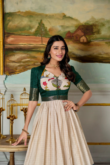 Cream Kalamkari Dola Silk Gown with Zari Koti - Vastraan