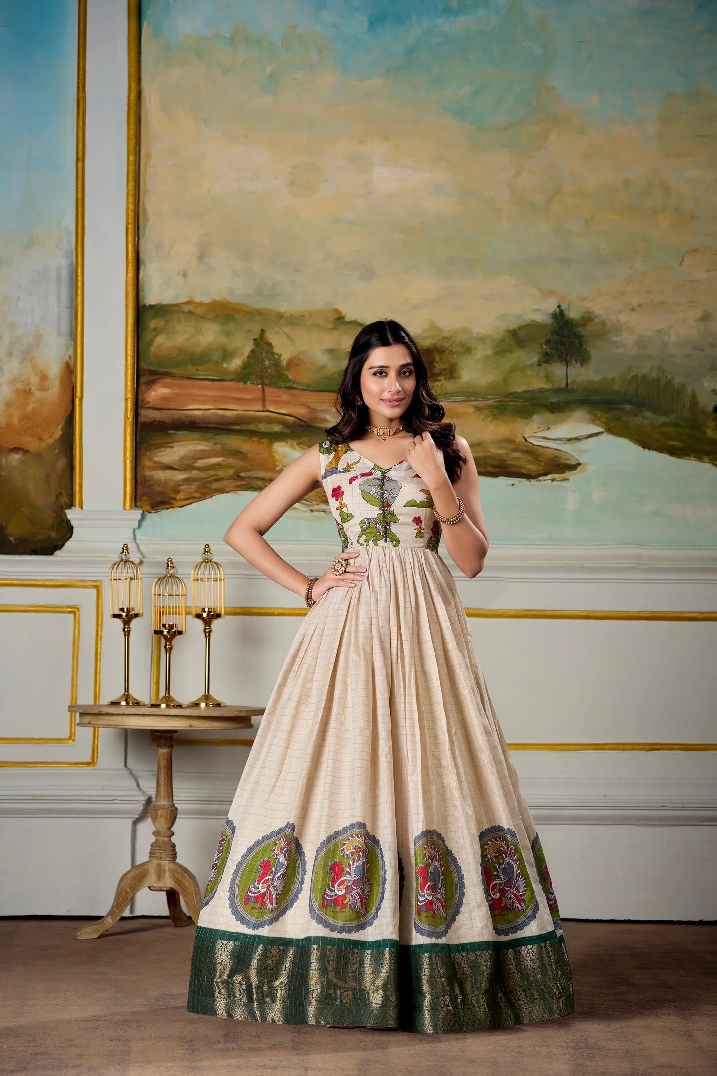 Cream Kalamkari Dola Silk Gown with Zari Koti - Vastraan