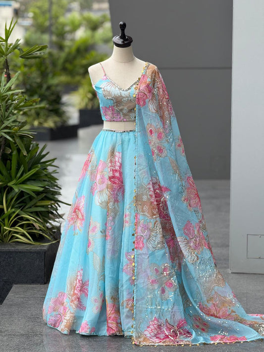Designer Party Wear Lehenga Choli – Sky Blue Pure Organza | Vastraan