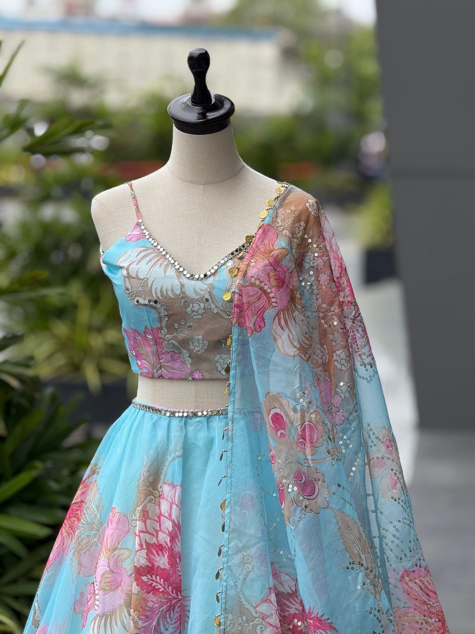 Designer Party Wear Lehenga Choli – Sky Blue Pure Organza | Vastraan