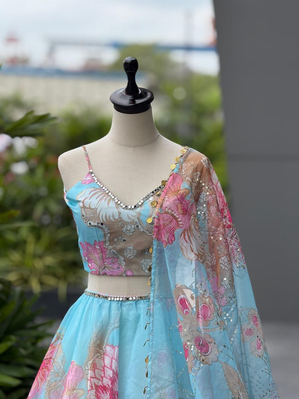 Designer Party Wear Lehenga Choli – Sky Blue Pure Organza | Vastraan
