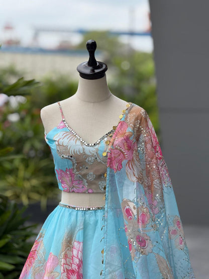 Designer Party Wear Lehenga Choli – Sky Blue Pure Organza | Vastraan