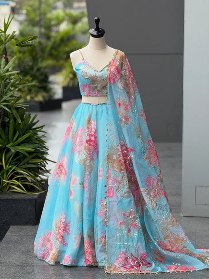 Designer Party Wear Lehenga Choli – Sky Blue Pure Organza | Vastraan