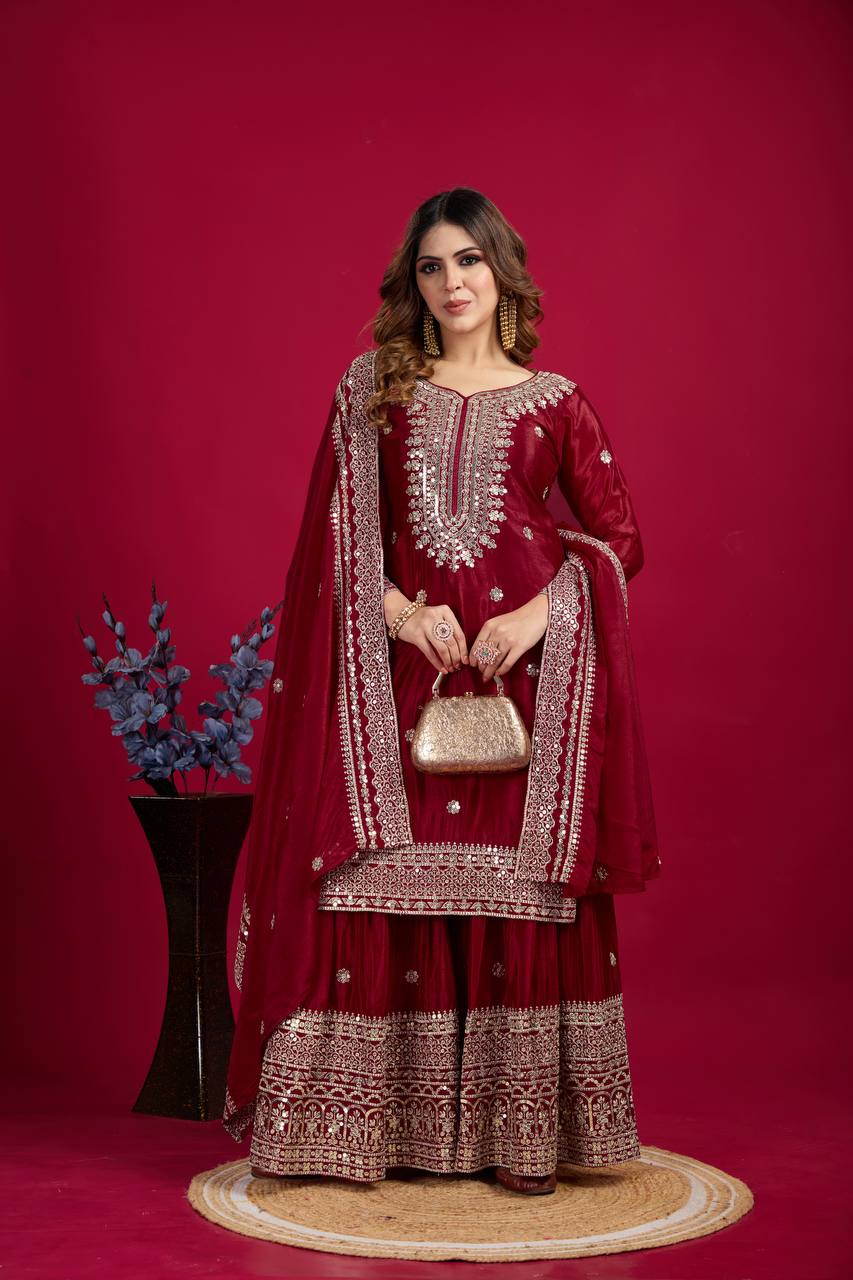 Amazing Maroon Color Heavy Chinnon Silk Party Wear Sharara Suit