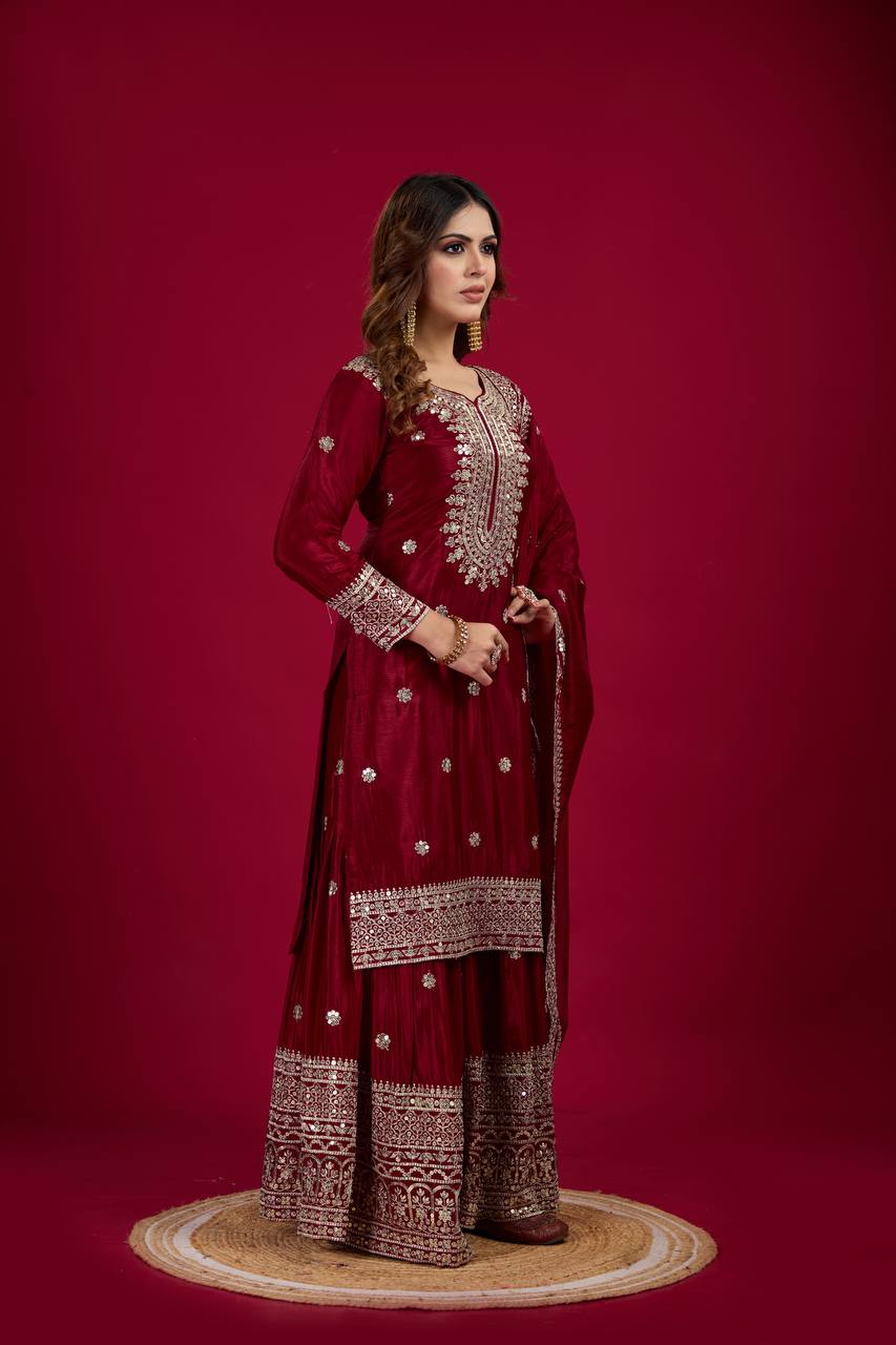 Amazing Maroon Color Heavy Chinnon Silk Party Wear Sharara Suit