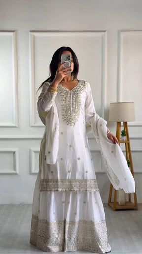 Amazing White Color Heavy Chinnon Silk Party Wear Sharara Suit